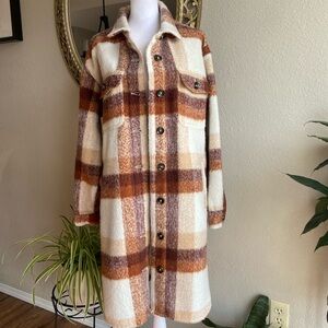 Maurices Plaid Duster Jacket - Cream, Brown and Orange